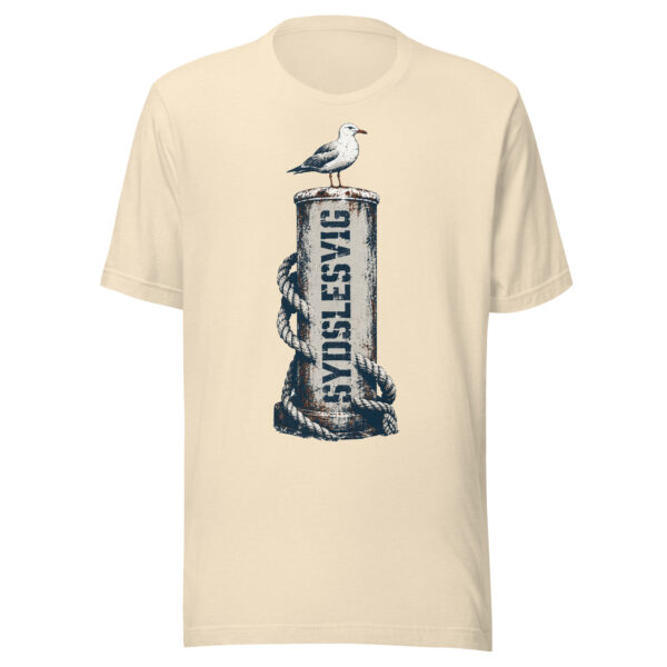 unisex-staple-t-shirt-heather-natural-front-6a083c2224b84.jpg Möwe auf dem Sydslesvig-Poller – T-Shirt