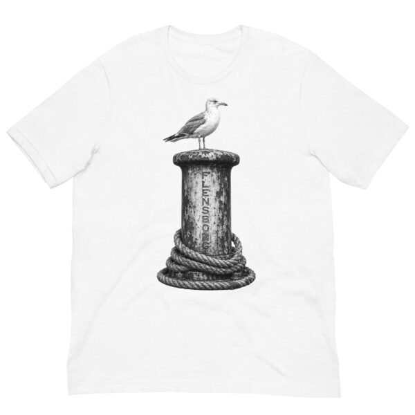 unisex-staple-t-shirt-solid-white-blend-front-6a072ce997aba.jpg Möwe auf dem Flensborg-Poller – T-Shirt