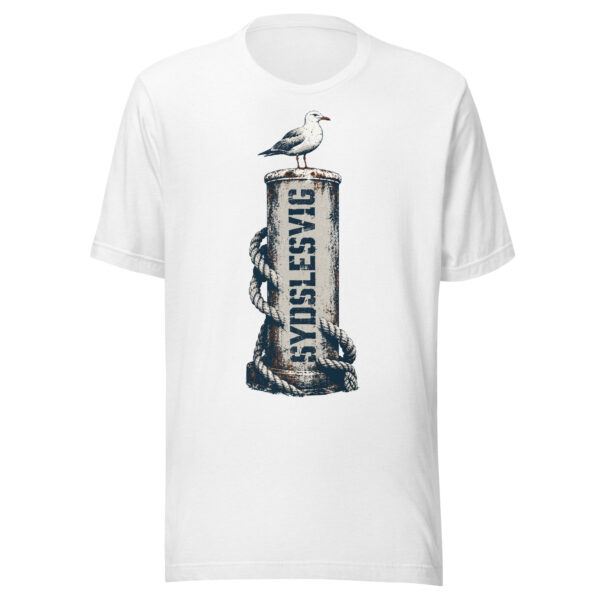 unisex-staple-t-shirt-solid-white-blend-front-6a083c2224ccb.jpg Möwe auf dem Sydslesvig-Poller – T-Shirt